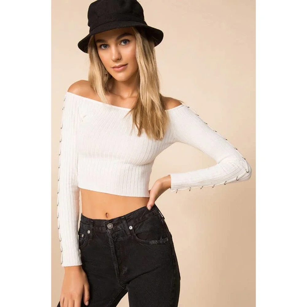 REVOLVE Superdown Tamina Off The Shoulder Top Metal Ring Sleeve Rib Knit Blouse